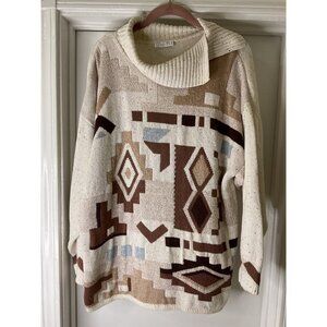 Bonita Vintage 90s Aztec Southwest Print Cowl Neck Knit Sweater Boho Grunge L